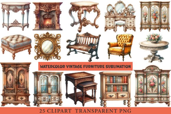 Download Vintage Furniture Watercolor Clipart - Vintage Collection
